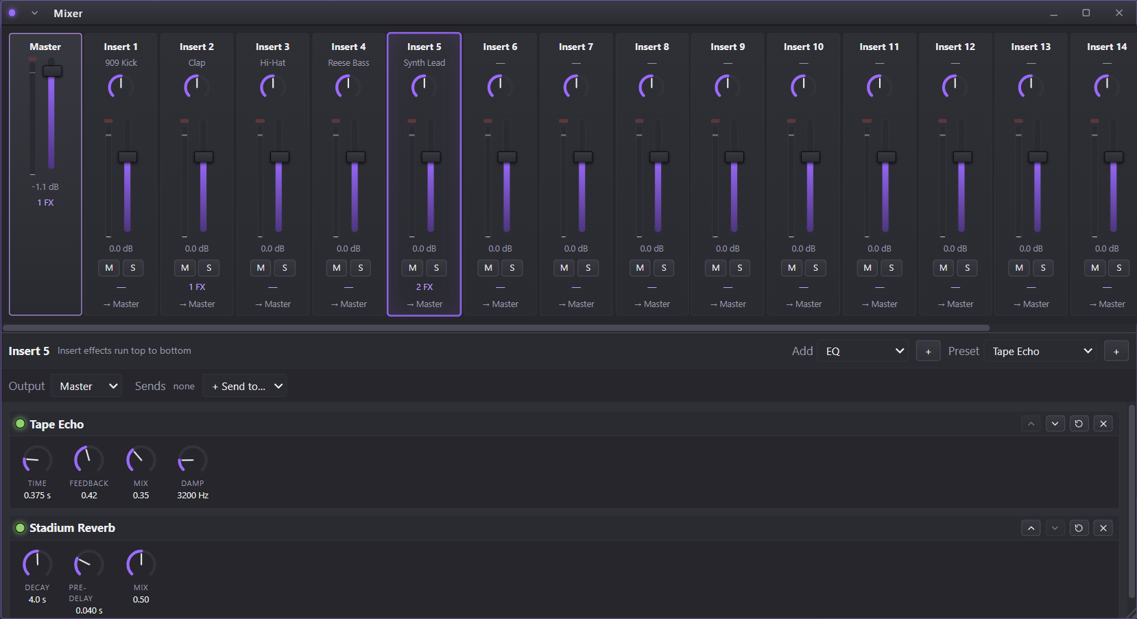 The mixer with sixteen channel strips and an effect chain on one insert