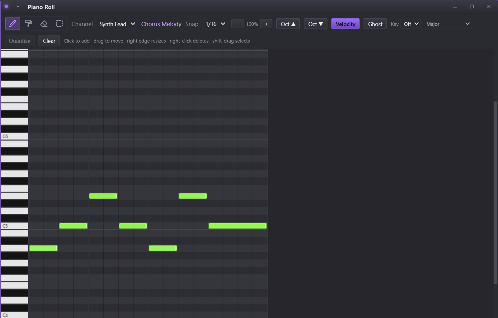 The piano roll with a lead melody and its velocity lane