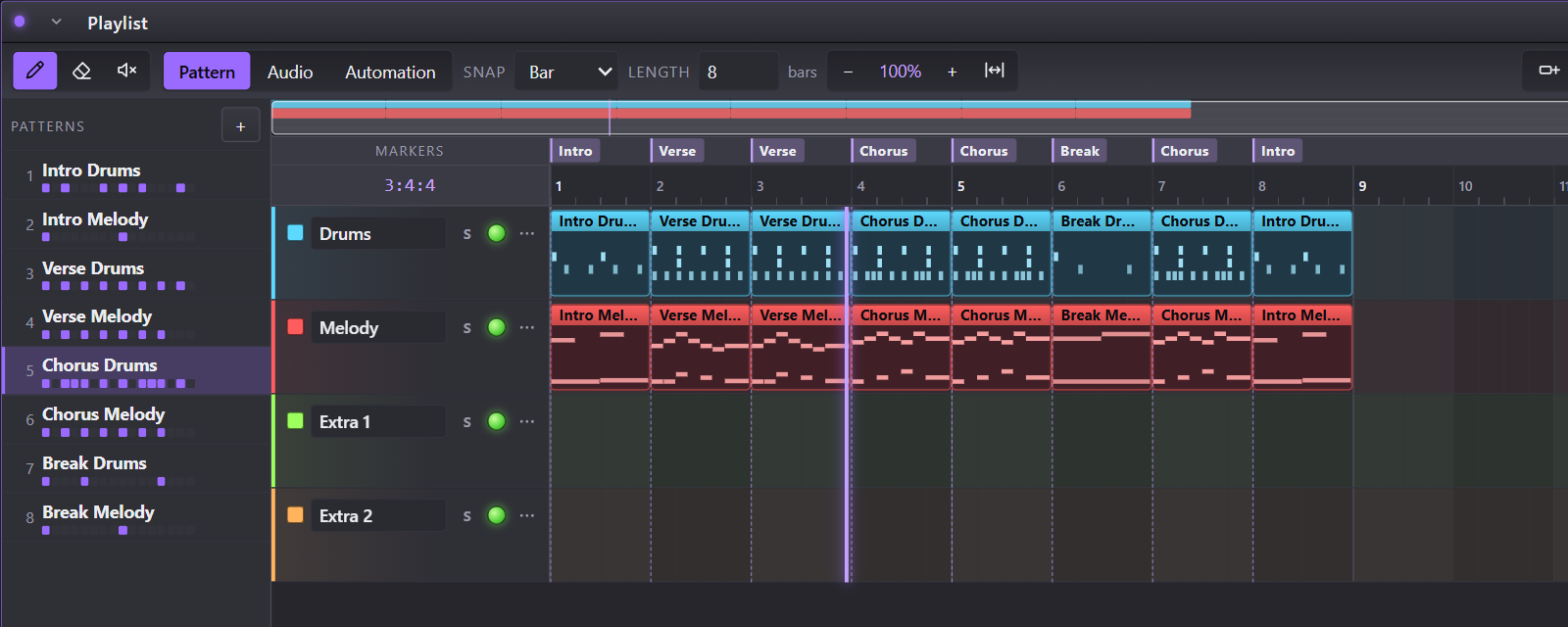 The playlist with drum and melody clips that show their notes, under section markers
