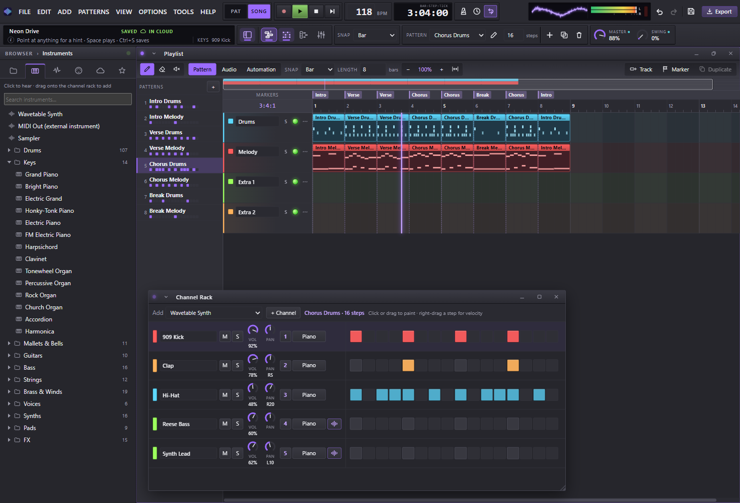 PulseGrid Studio playing a song: the instrument browser, the playlist, the channel rack and the master monitor in the top bar